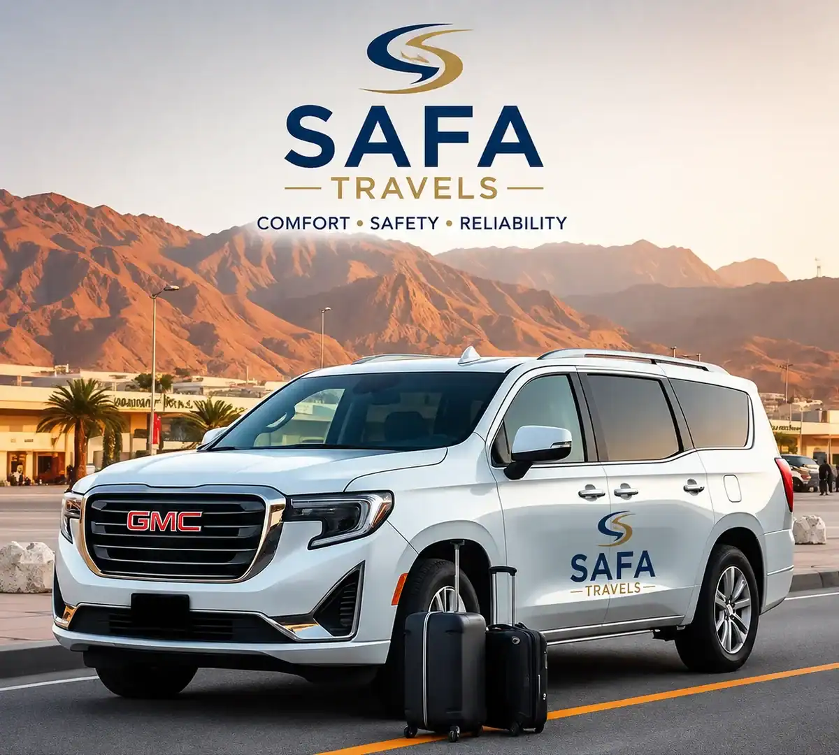 Safa Travels KSA branded GMC SUV parked with luggage ready for an airport transfer
