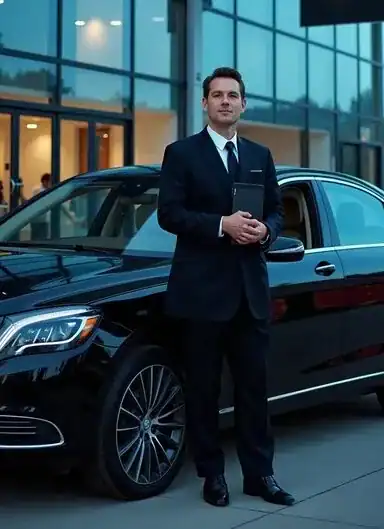 Professional chauffeur standing beside a Safa Travels KSA Mercedes sedan